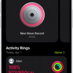 The Fitness Sharing screen, with activity rings and activity highlights shared between a person and their friends.