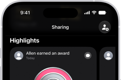 The Fitness Sharing screen, with activity rings and activity highlights shared between a person and their friends.