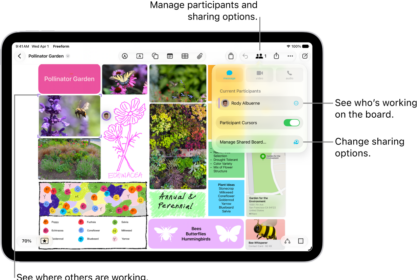 A shared Freeform board on iPad with the collaboration menu open and the location other participants on the board marked with color tick marks.