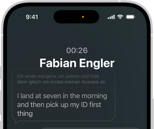 A phone call in the Phone app showing a conversation translated from German to English.