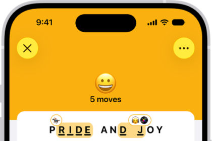 The Emoji Game, showing the number of moves, two emoji placed as answers, and one about to be placed in an unanswered spot.