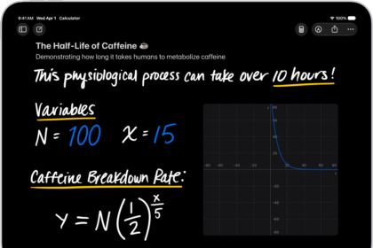 A Math Note open in Calculator, with a declared variable, an equation, and a graph.