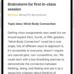 A note for a class brainstorm with tags such as #school and #kine210. The note features a hand-drawn diagram of a box breathing exercise, which illustrates a four-step breathing cycle.