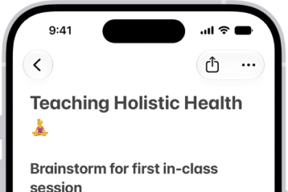 A note for a class brainstorm with tags such as #school and #kine210. The note features a hand-drawn diagram of a box breathing exercise, which illustrates a four-step breathing cycle.