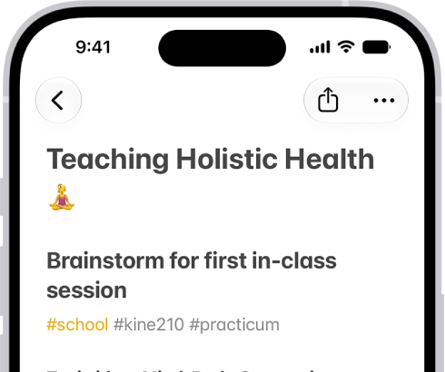 A note for a class brainstorm with tags such as #school and #kine210. The note features a hand-drawn diagram of a box breathing exercise, which illustrates a four-step breathing cycle.
