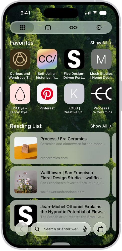 The start page in Safari, which shows favorite websites, the Privacy Report, and websites saved to the Reading List.