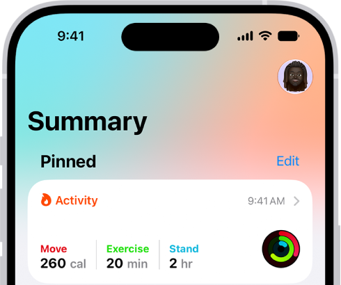 The Summary screen in Health. Information about activity, sleep score, state of mind, and medications appears below Pinned.