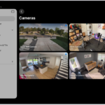 The Home app with the sidebar on the left. Home is highlighted. On the right are images from five security cameras.
