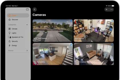 The Home app with the sidebar on the left. Home is highlighted. On the right are images from five security cameras.