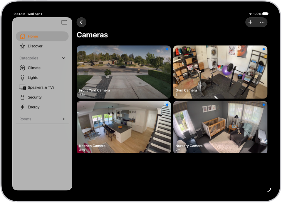The Home app with the sidebar on the left. Home is highlighted. On the right are images from five security cameras.