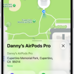 A screen from the Find My app on iPhone. The location of AirPods Pro is shown on a map of Cupertino, along with an address listed and the options Play Sound, Directions, and Settings.