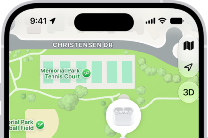 A screen from the Find My app on iPhone. The location of AirPods Pro is shown on a map of Cupertino, along with an address listed and the options Play Sound, Directions, and Settings.