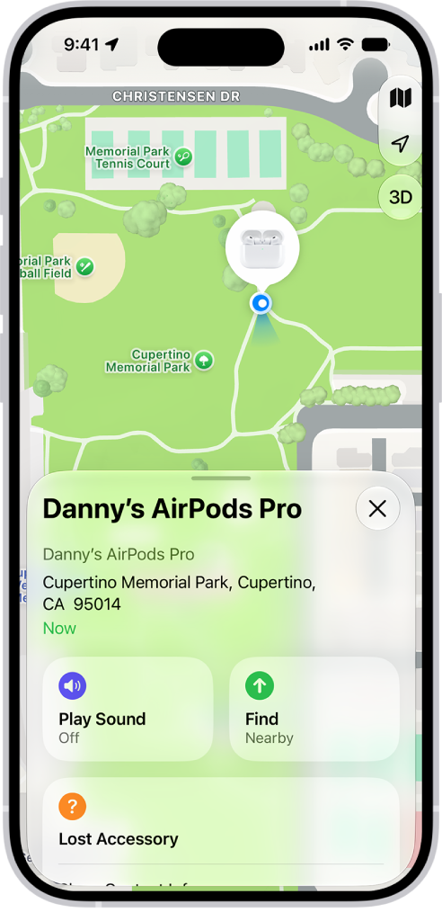 A screen from the Find My app on iPhone. The location of AirPods Pro is shown on a map of Cupertino, along with an address listed and the options Play Sound, Directions, and Settings.