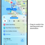 A map with several possible routes for driving directions between My Location and a destination.