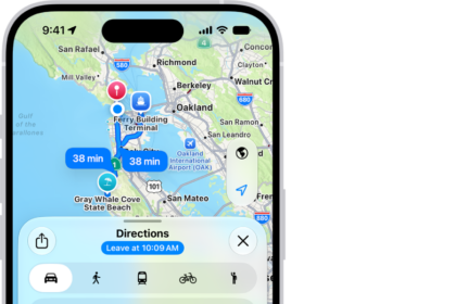 A map with several possible routes for driving directions between My Location and a destination.