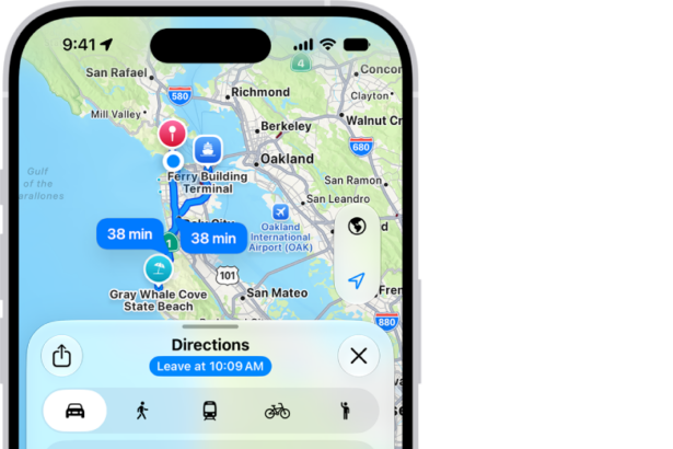 A map with several possible routes for driving directions between My Location and a destination.