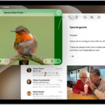 An iPad screen with three apps open and a selected window layout that arranges them in thirds on the screen.