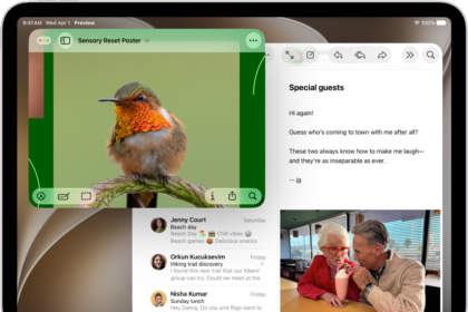 An iPad screen with three apps open and a selected window layout that arranges them in thirds on the screen.