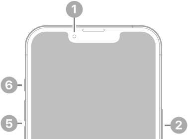 The front view of iPhone 17e. The front camera is at the top center. The side button is on the right side. The USB-C connector is on the bottom. On the left side, from bottom to top, are the SIM tray, the volume buttons, and the Action button.