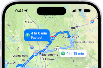 The Maps app showing a driving route.