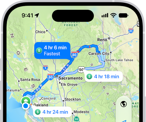 The Maps app showing a driving route.