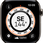 The Compass app showing a dial with the compass heading in the middle, a dot representing a waypoint in the inner ring, and compass points on the outer ring. The Info button is at the top left, the Waypoints button is at the lower left, the Elevation button is at the middle bottom, and the Backtrack button is at the lower right.