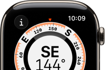 The Compass app showing a dial with the compass heading in the middle, a dot representing a waypoint in the inner ring, and compass points on the outer ring. The Info button is at the top left, the Waypoints button is at the lower left, the Elevation button is at the middle bottom, and the Backtrack button is at the lower right.
