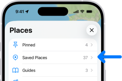 The Places screen in Maps, which shows a list of place categories like Pinned, Saved Places, and Guides. Below this, a Recently Added section lists viewed locations.