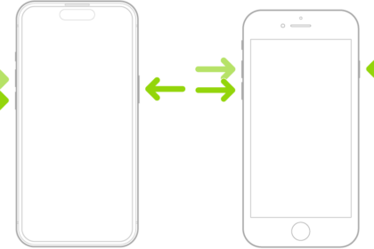 Two iPhone models, one with a Home button and one without, screens facing up. The volume buttons of each are on the left, and the side button is on the right.