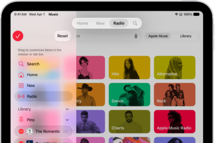 iPad in portrait orientation, showing options to edit the sidebar at the left and the tab bar at the top of the screen.