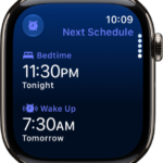 The Sleep app on Apple Watch showing the evening's sleep schedule. Bedtime appears at the top, and Wake Up time is below it.