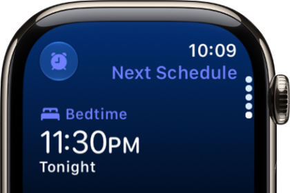 The Sleep app on Apple Watch showing the evening's sleep schedule. Bedtime appears at the top, and Wake Up time is below it.