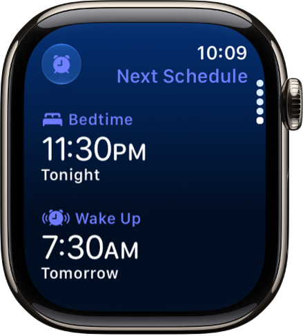 The Sleep app on Apple Watch showing the eveningās sleep schedule. Bedtime appears at the top, and Wake Up time is below it.