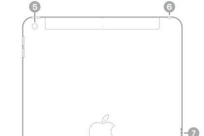 The back view of iPad with callouts to the rear camera at the top left, the headphone jack at the top right, the Smart Connector on the right, the Lightning connector at the bottom center, and the SIM tray (Wi-Fi + Cellular) at the bottom left.