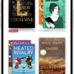 The Library screen in the Books app. At the top of the screen is the Collections button. In the middle of the screen are book covers. At the bottom of the screen are, from left to right, the Home, Library, Book Store, Audiobooks, and Search tabs. The Library tab is selected.