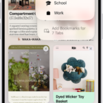 An iPhone screen, showing currently open tabs and a menu of Personal, School, and Work profiles. The Personal profile is selected.