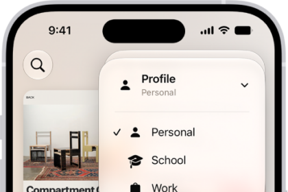 An iPhone screen, showing currently open tabs and a menu of Personal, School, and Work profiles. The Personal profile is selected.