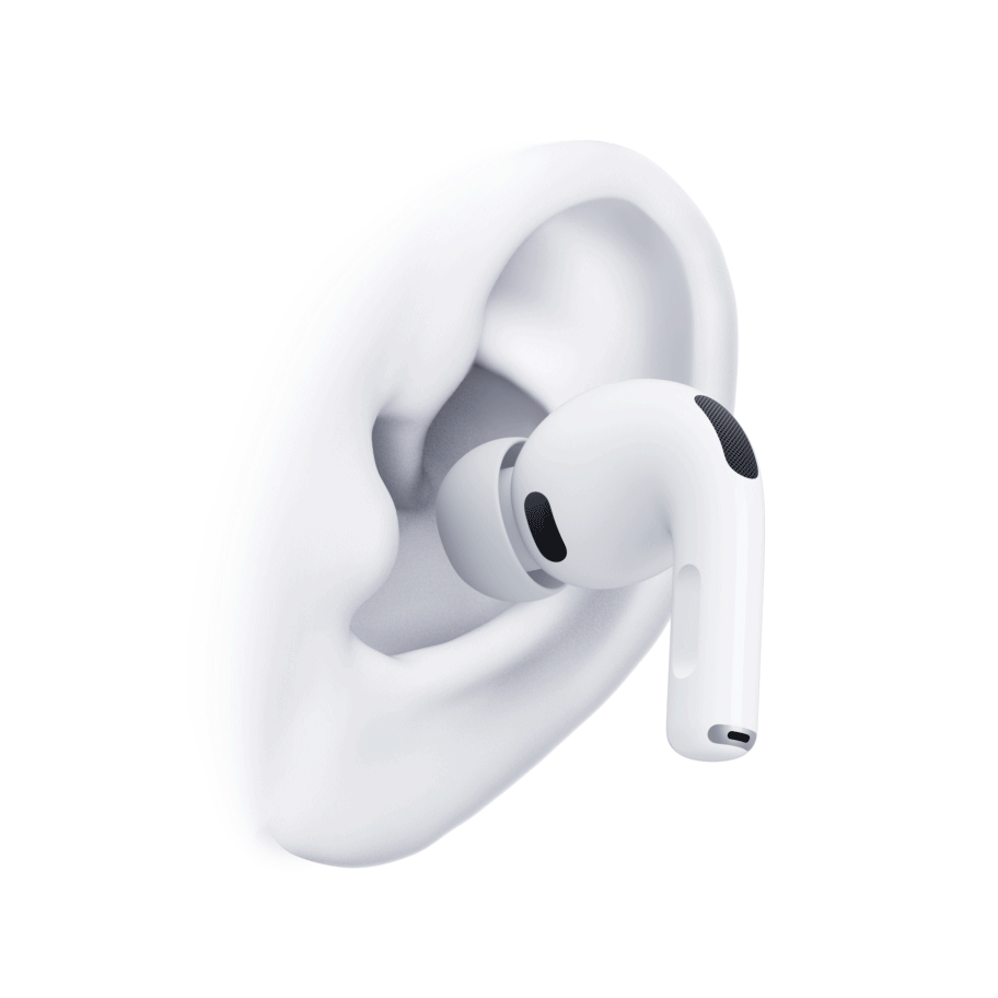 An animation of AirPods Pro 3 being inserted into the ear so that there's good heart rate sensor contact.