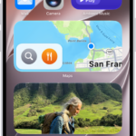 The Photos, Maps, and Music widgets on the iPhone Home Screen. The Music widget displays interactive features.