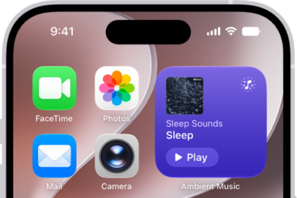 The Photos, Maps, and Music widgets on the iPhone Home Screen. The Music widget displays interactive features.