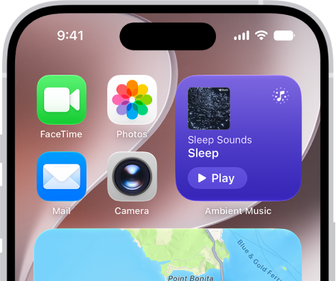 The Photos, Maps, and Music widgets on the iPhone Home Screen. The Music widget displays interactive features.