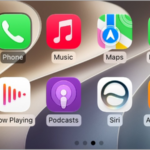 The CarPlay Home Screen showing Maps, Music, and Messages in the sidebar. To the right is a collection of other app icons.
