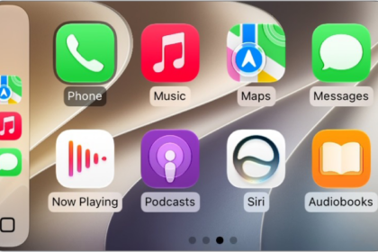 The CarPlay Home Screen showing Maps, Music, and Messages in the sidebar. To the right is a collection of other app icons.