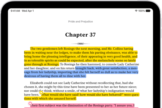 A page of a book in the Books app, with a portion of the page's text selected. The Highlight, Add Note, Translate, Search, Copy, and Share buttons are above the selected text.