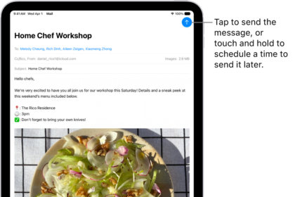 An email draft is open in the Mail app. The button to send the message is in the top-right corner. Tap to send the message, or touch and hold to schedule a time to send it later.