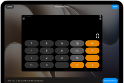 An iPad screen showing Guided Access being set up. iPad is being temporarily locked to just the Calculator app, and one of the buttons in the app has been disabled.