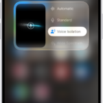 The Control Center settings for FaceTime calls, showing the audio settings Automatic, Standard, Voice Isolation, and Wide Spectrum.