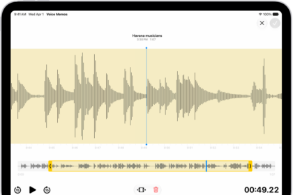 A recording is being edited, with the yellow trim handles enclosing a portion of the audio waveform at the bottom of the screen. To the left of the Playback controls are the Trim button (for deleting the part of the recording outside the handles) and the Delete button (for deleting the part of the recording outside the handles).