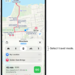 A map showing several route options between two locations, with buttons for choosing other travel modes, switching the starting point and destination, and viewing directions as steps.