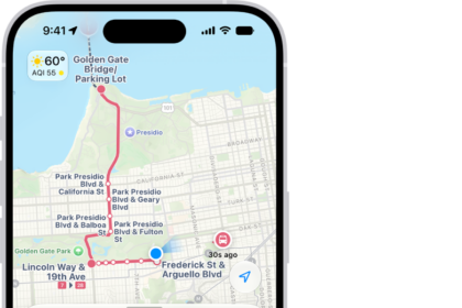 A map showing several route options between two locations, with buttons for choosing other travel modes, switching the starting point and destination, and viewing directions as steps.